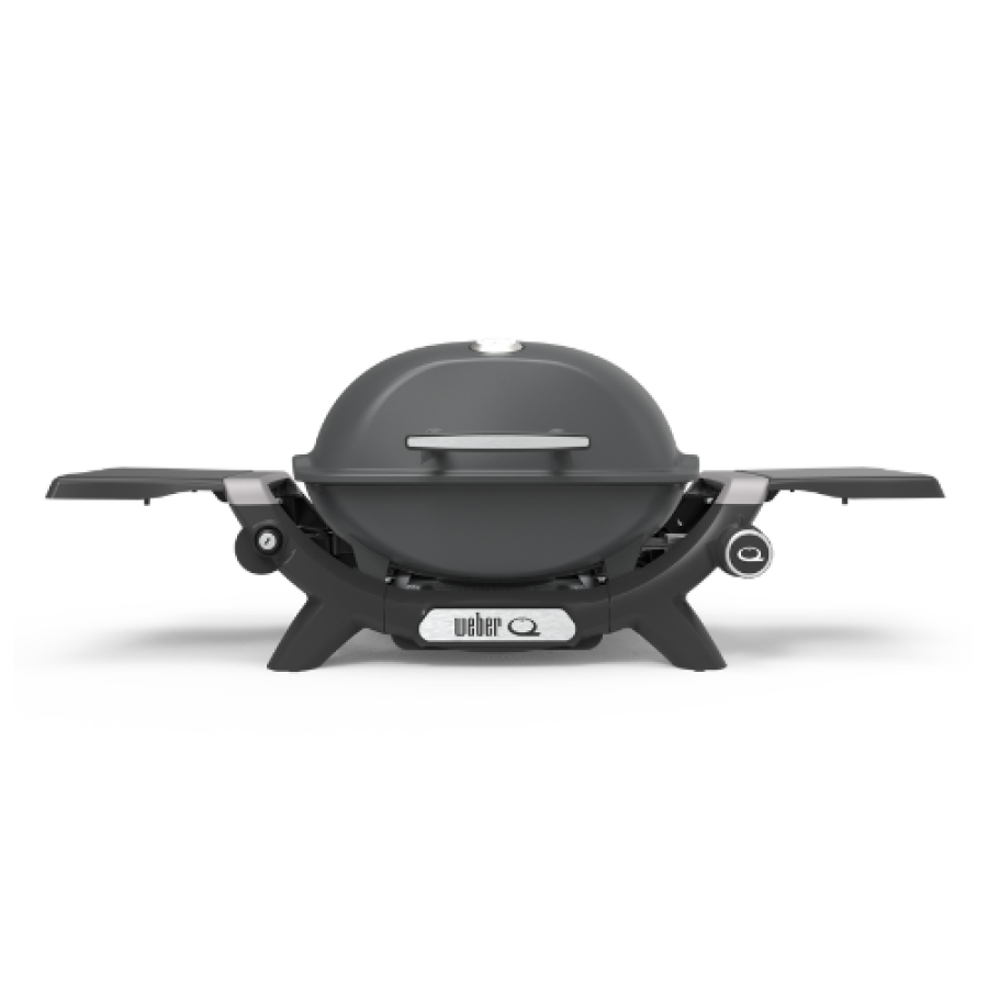 Small weber baby Q bbq, with a charcoal grey lid and temprature guage in the lid. bbq has side tables