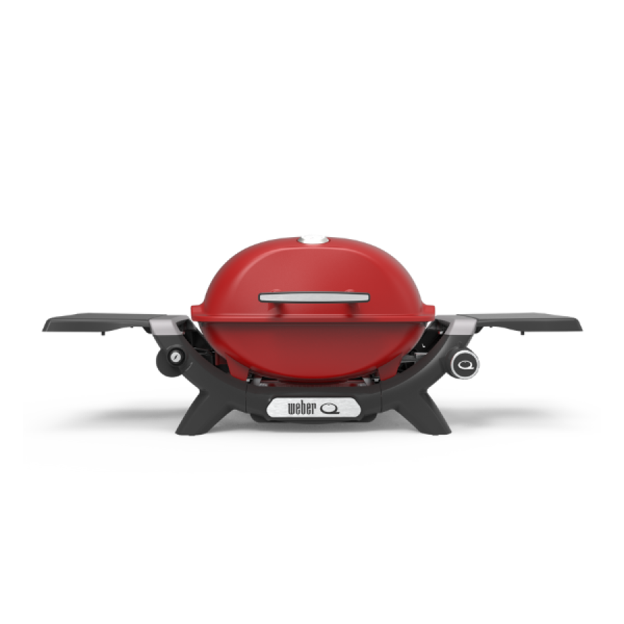 small baby Q weber gas barbecue, with flame red lid and temperature gauge