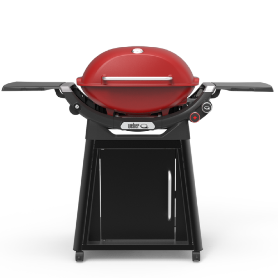 large weber Q bbq, with a high red lid and extra high heat sear burner