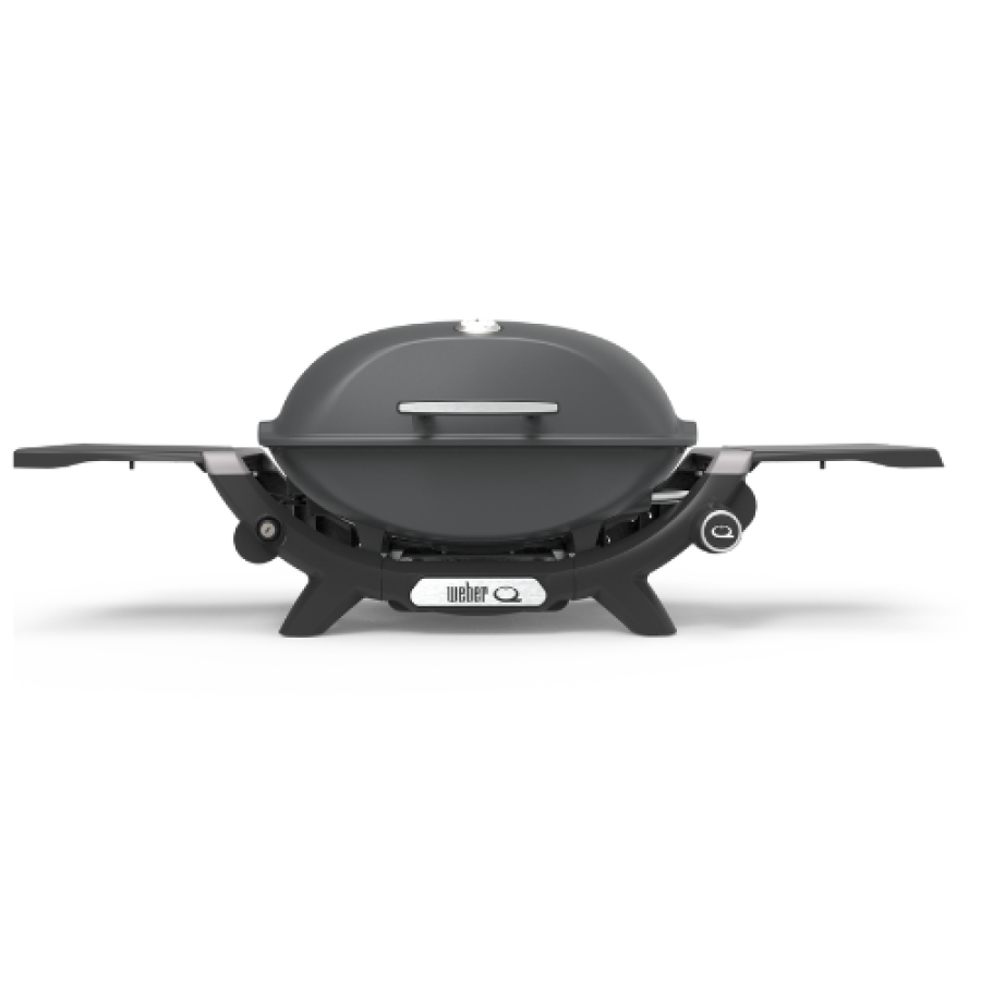 New weber Q gas bbq with a charcoal lid with thermometer included and side tables