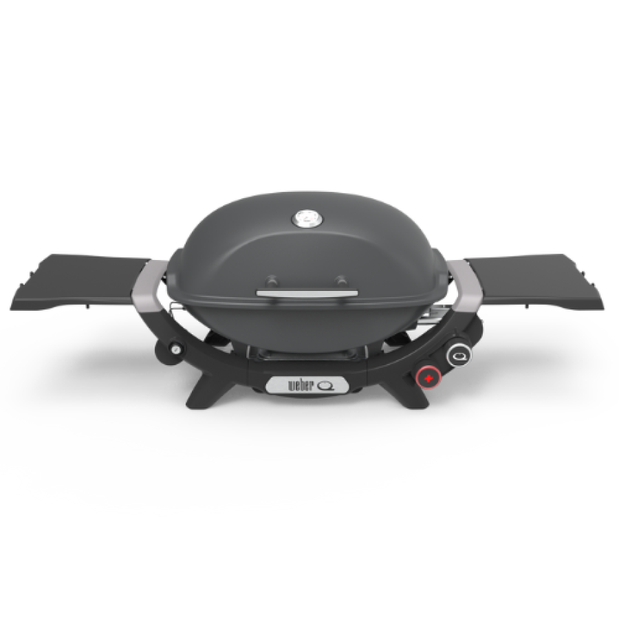 Weber Mid sized Q+ Series bbq with added sear burner, charcoal grey lid with temperature gauge and side tables that fold down.