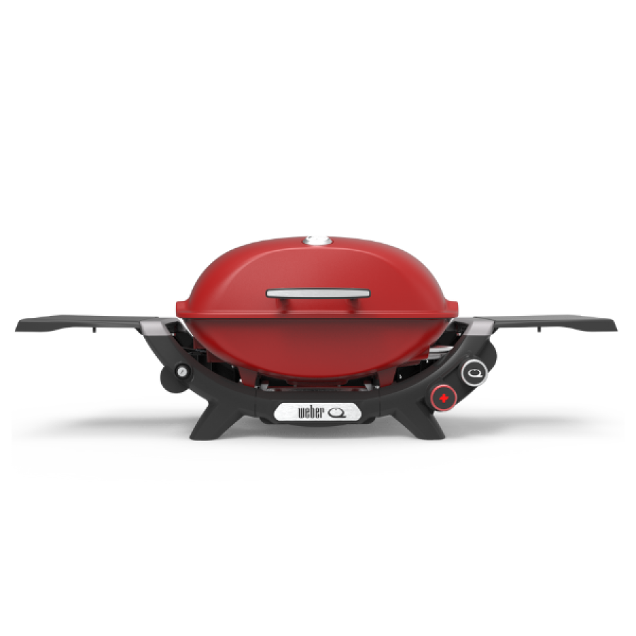 The new midsized weber Q+ with an extra sear burner, with flame red lid and temperature gauge